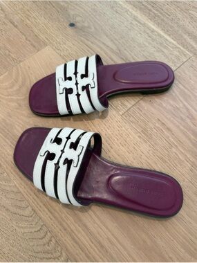 Tory Burch Ines Multi-Strap Slides top-stitched laser-cut Double T logo size 6.5